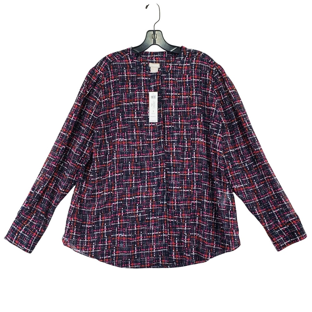 Chicos Multi Tweed Woven Blouse Womens 3 XL Navy Colorful Career NWT